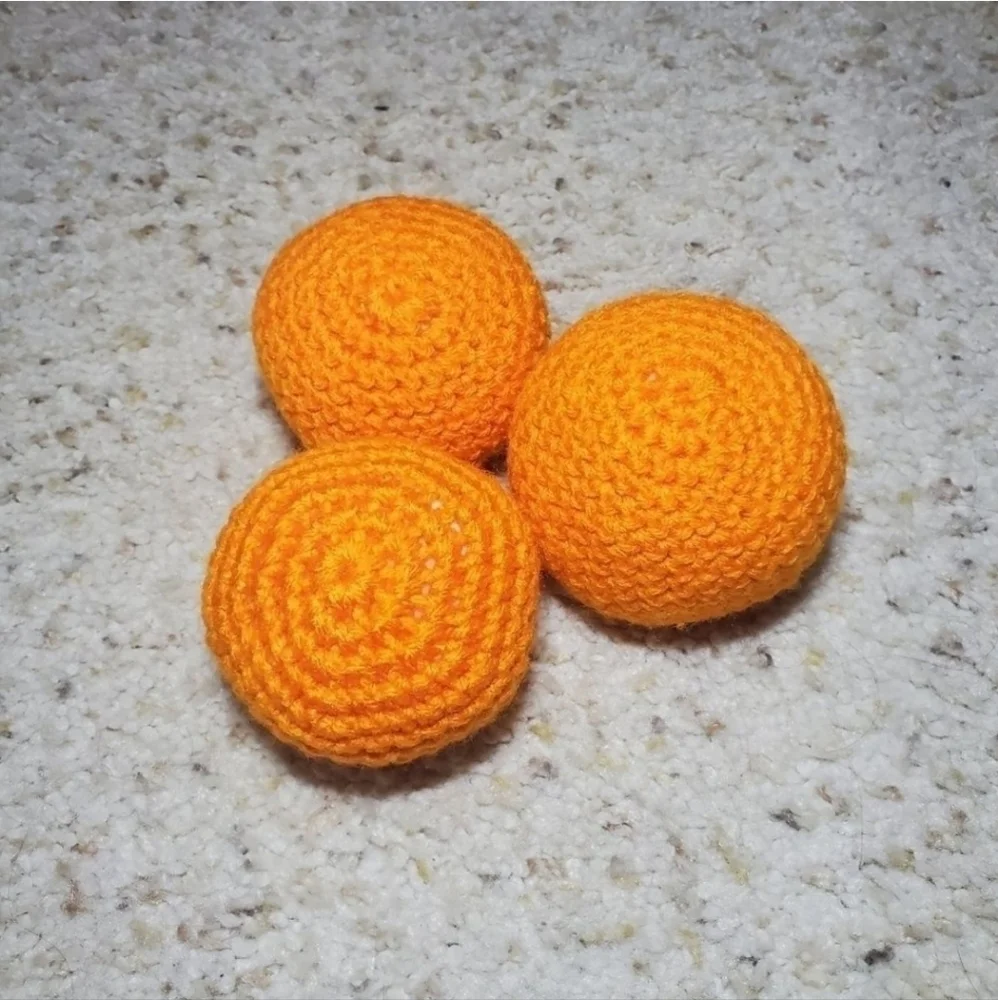 3 non squeaky balls. Homemade no pop crochet balls for toddlers, puppy, cats